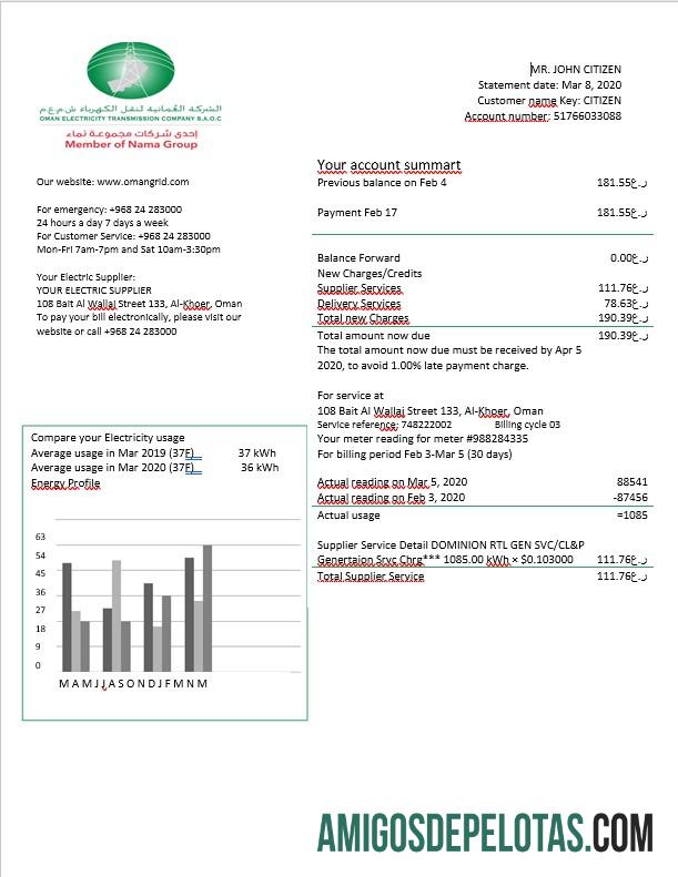Conta de eletricidade da empresa de transmissão de eletricidade de Omã Omã em formato Word amostra